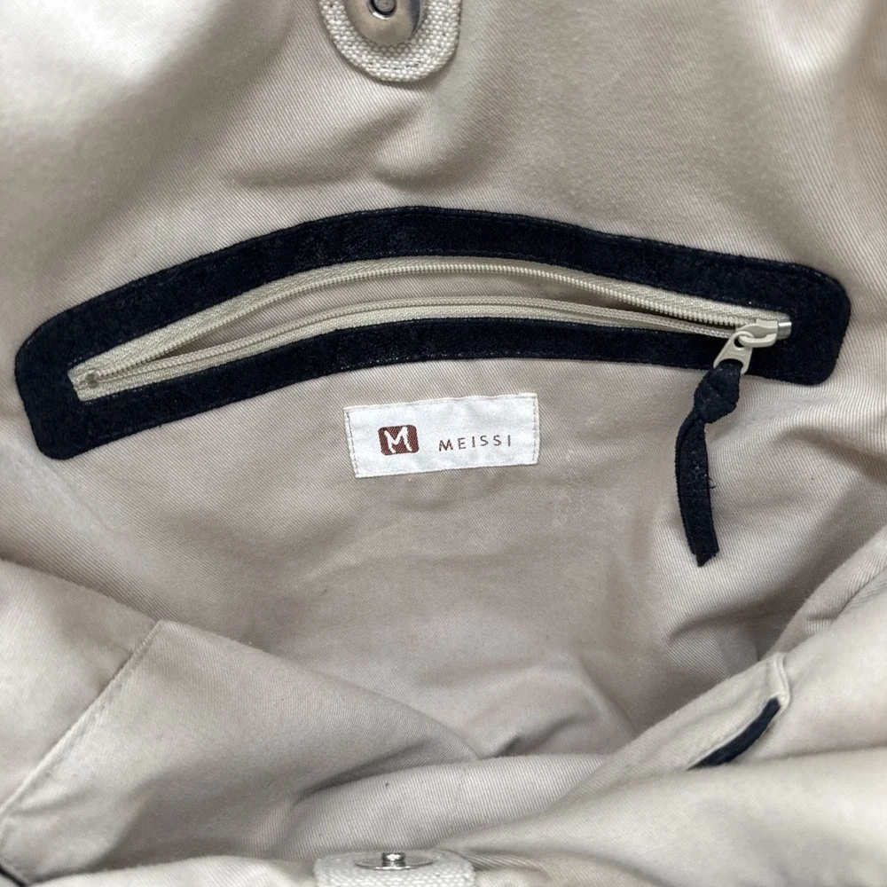 Meissi Genuine Pig Leather & Linen Hobo Shoulder Bag Black Cream‎ Woven Purse